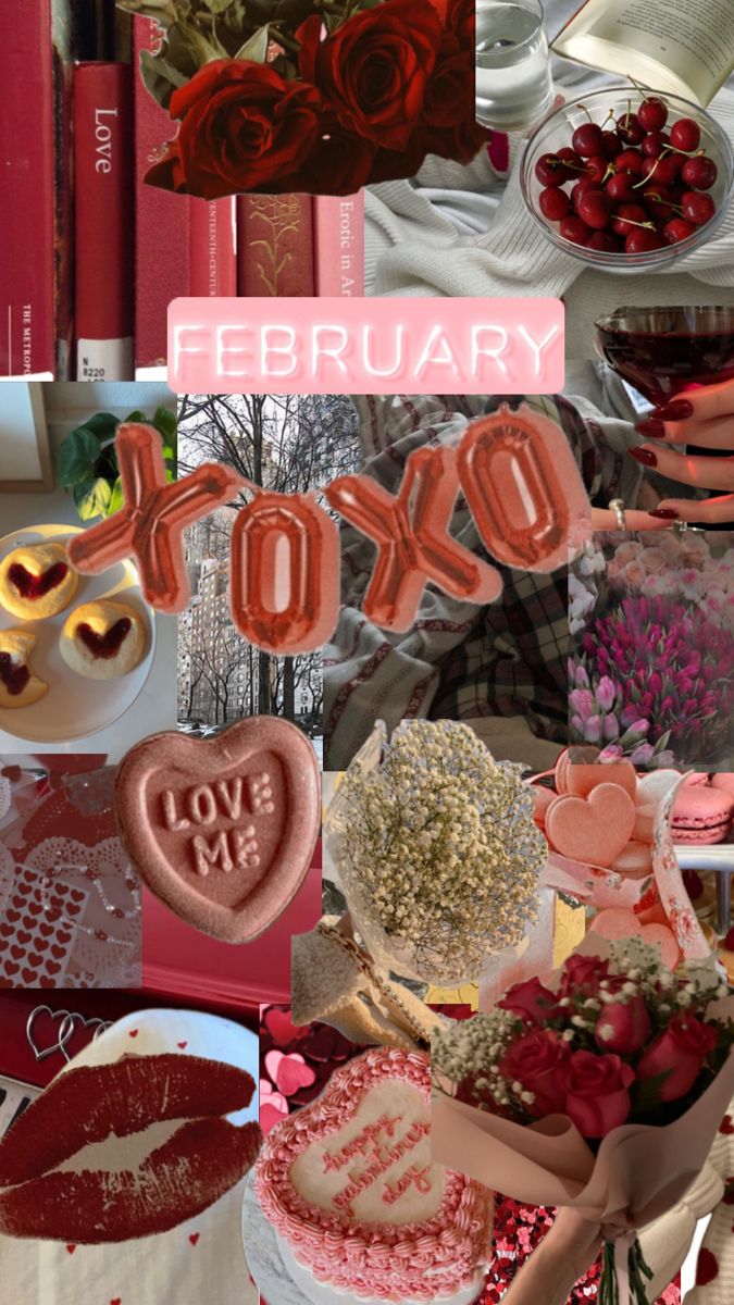 valentine's day collage with red and pink decorations, flowers, hearts, candles, cake