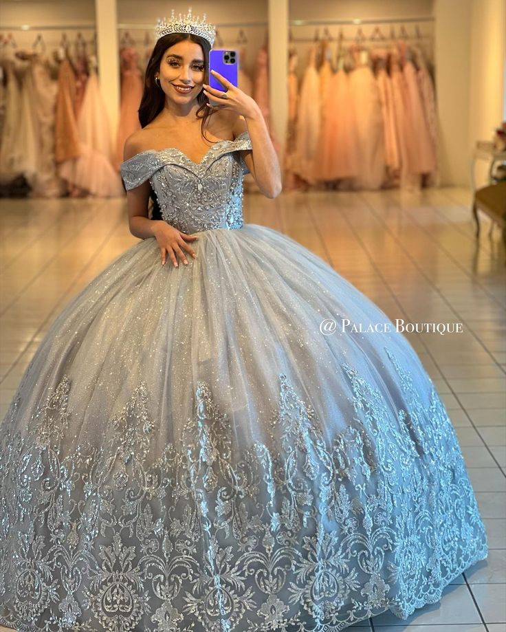 Gray Quinceanera Dresses, Grey Quince Dresses, Moda2000 Quince Dresses, Blue Quince Dress, Blue Quince, Quinceanera Themes, Color Celeste, Quince Dress, Quince Ideas