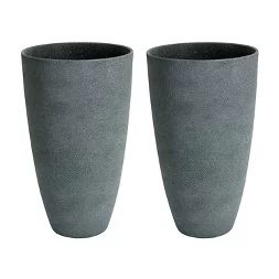 two gray vases sitting next to each other