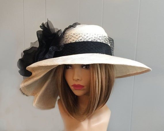 This couture hat was handmade on an antique hat block using a parasisal straw. This is the large- wired-brimmed version of Sophia. This lovely hat is embellished with a large silk flower and french netting. Please indicate your head size measurement when ordering (measure your head horizontally just Types Of Hats For Women, Derby Attire, Barbie Hat, Royal Ascot Hats, Derby Outfits, Easter Food, Couture Hats, Ascot Hats, Antique Hats