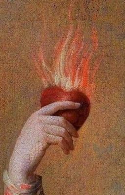 a painting of a hand holding an apple with fire coming out of it's core