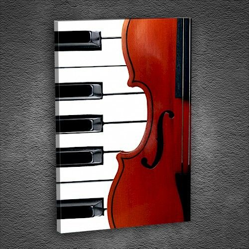 a red violin sitting on top of a white piano keyboard with black and white keys