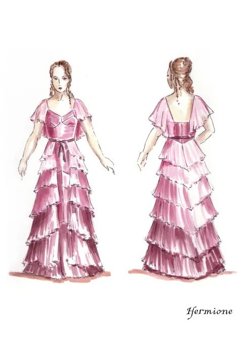 a drawing of two women in dresses with long sleeves and ruffles on them