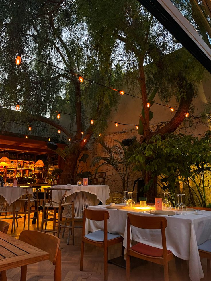 an outdoor dining area with tables, chairs and lights hanging from the trees in the background