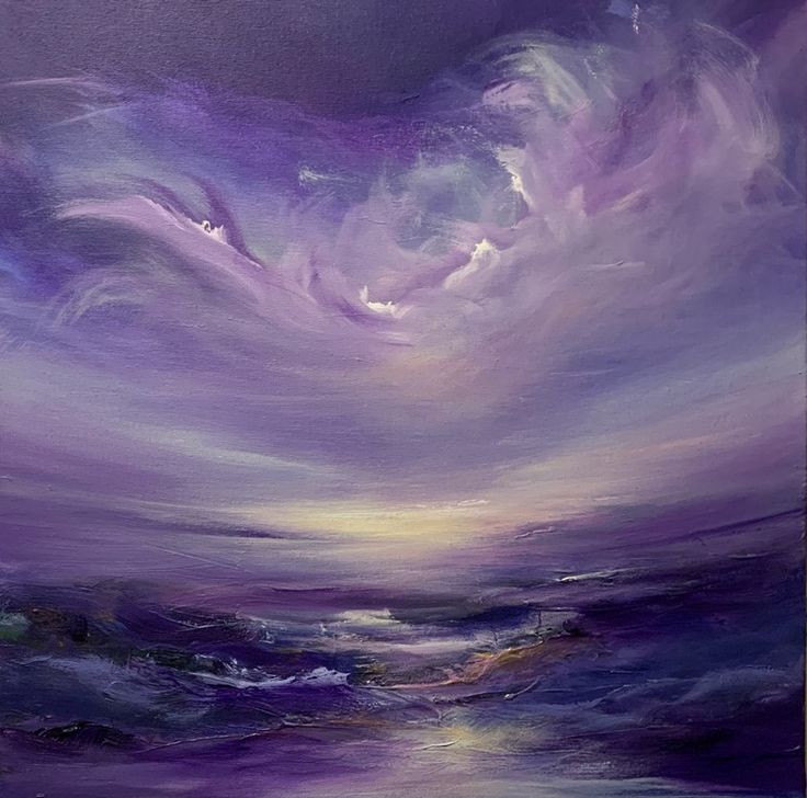 an abstract painting of purple and white clouds in the sky over water with blue waves