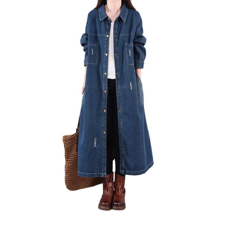 Slightly torn women's denim coat online—excellent jeans jacket from the 2022 Autumn collection. Casual style outfits are more comfortable and perfect for both occasions, a business meeting and every day. The stonewashed denim gives a newly created garment a more worn-in appearance. The oversized fit type is the roomiest possible fit, one that doesn't have anybody's definition at all. The cotton fabric features a soft feel. Diagonal pockets fit nicely to the body. Closed with buttons in front. Co Denim Coat Women, Oversized Coat, Denim Coat, Casual Style Outfits, Denim Fabric, Contemporary Fashion, Black Coat, 90s Fashion, Denim Women