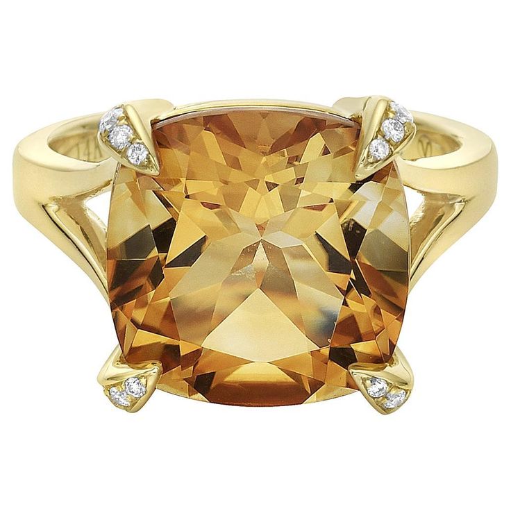 With this exquisite semi-precious yellow gold citrine diamond ring, style and glamour are in the spotlight. This 14-karat cushion cut ring is made from 4.9 grams of gold, 1 citrine totaling 6.24 karats, and is surrounded by 20 round SI1-SI2, GH color diamonds totaling 0.11 karats. This ring is a size 6.5. Luxury Yellow Gold Citrine Diamond Ring, Collectible Citrine Ring Jewelry, Luxury Yellow Citrine Diamond Ring, Luxury Citrine Multi-stone Rings, Gold Citrine Diamond-cut Jewelry, Citrine Jewelry, Cushion Cut Ring, In The Spotlight, Ring Style