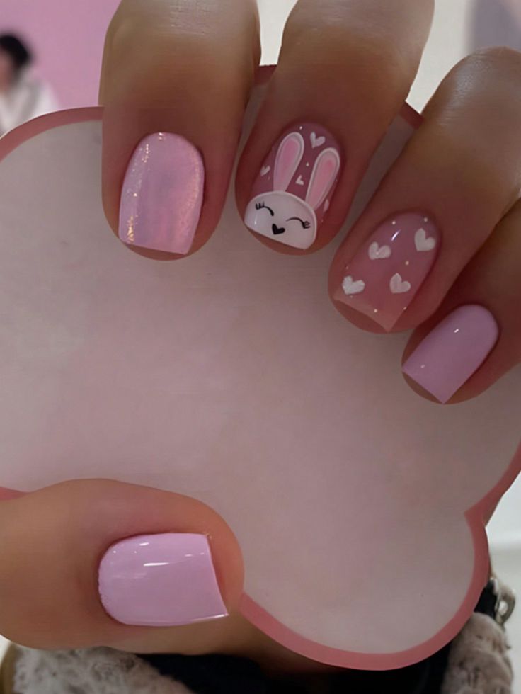 24pcs Short Square Easter Bunny & Heart Design Shiny False Nails Set, Press On Nails For Women And Girls Nail Supplies Pink     Animal 3D Nails   Nail,Hand & Foot Care, size features are:Bust: ,Length: ,Sleeve Length: Pastel Nail Art, Kids Nail Designs, Heart Nail Designs, Bunny Nails, Easter Nail Designs, Short Fake Nails, Acrylic Nail Kit, Glow Nails, Fake Nails With Glue