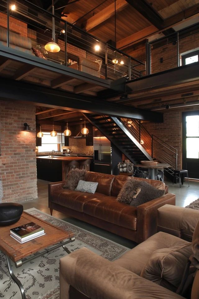 a living room filled with furniture and a fire place in the middle of an open floor plan