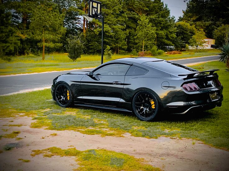 a black car parked on the grass next to a street light and some green trees