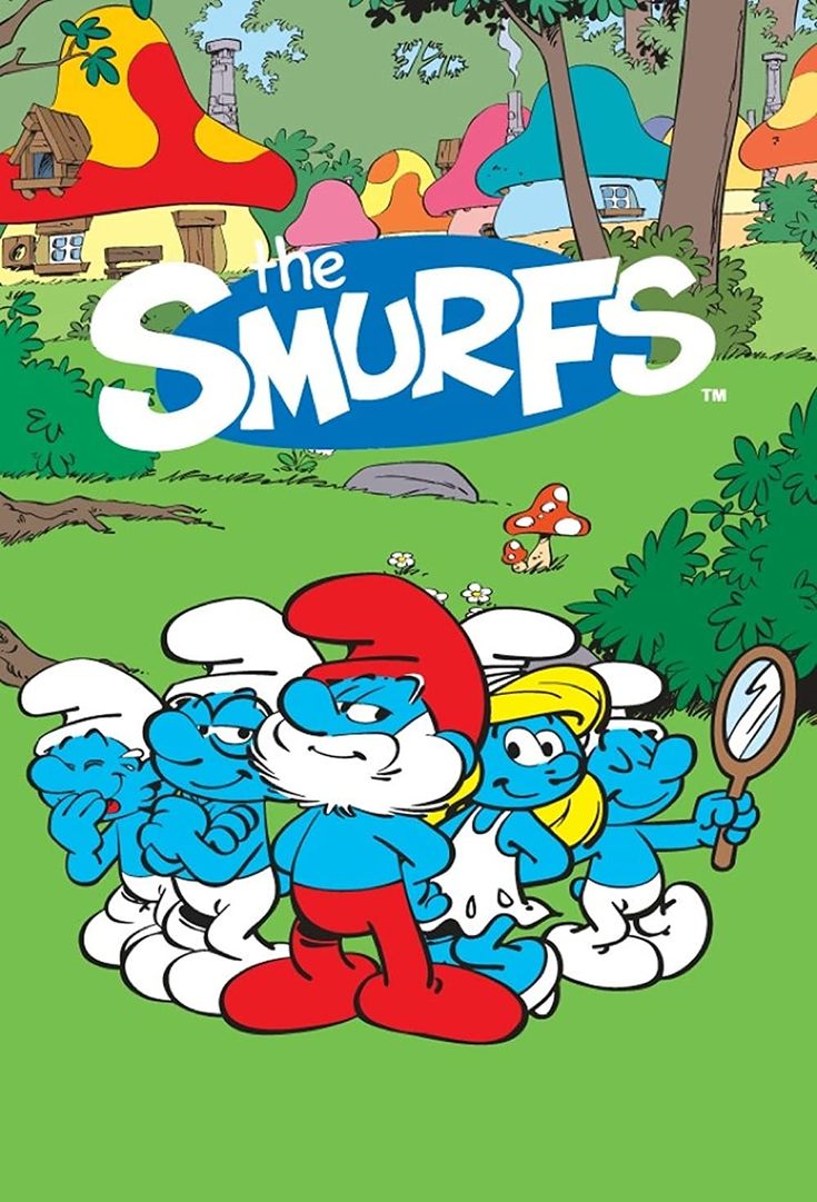 the smurfs cartoon is shown in front of an image of trees and houses