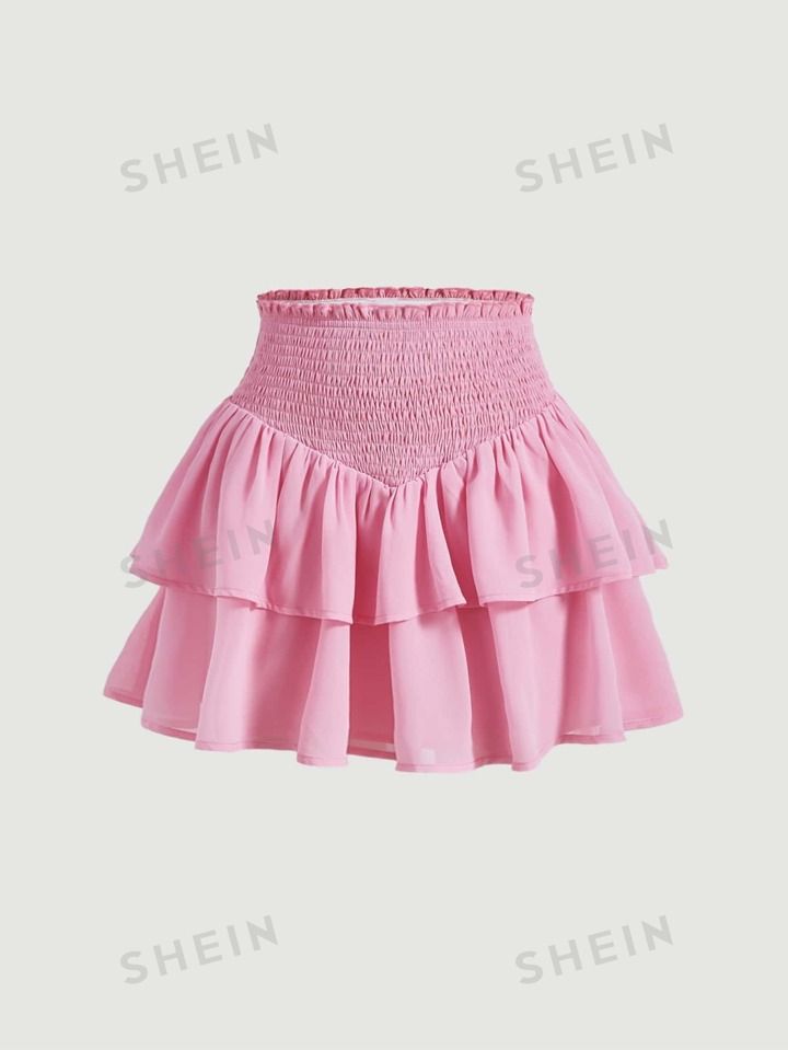 SHEIN MOD SHEIN MOD Women's Double Layer Ruffle Asymmetric Hem Shirred Waist Mini Skirt | SHEIN USA Adrette Outfits, Preppy Skirt, Smocked Skirt, Looks Party, Women Skirts, Cute Preppy Outfits, Spring Outfits Women, Hem Skirt, Pink Skirt