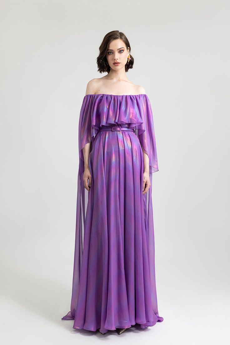 Pleated bodice chiffon dress – HerTrove Old Hollywood Dresses, Purple Evening Dress, Unique Prom Dresses, Chiffon Dress Long, Cut Dress, Pleated Bodice, Cape Dress, Dress Cuts, Old Hollywood