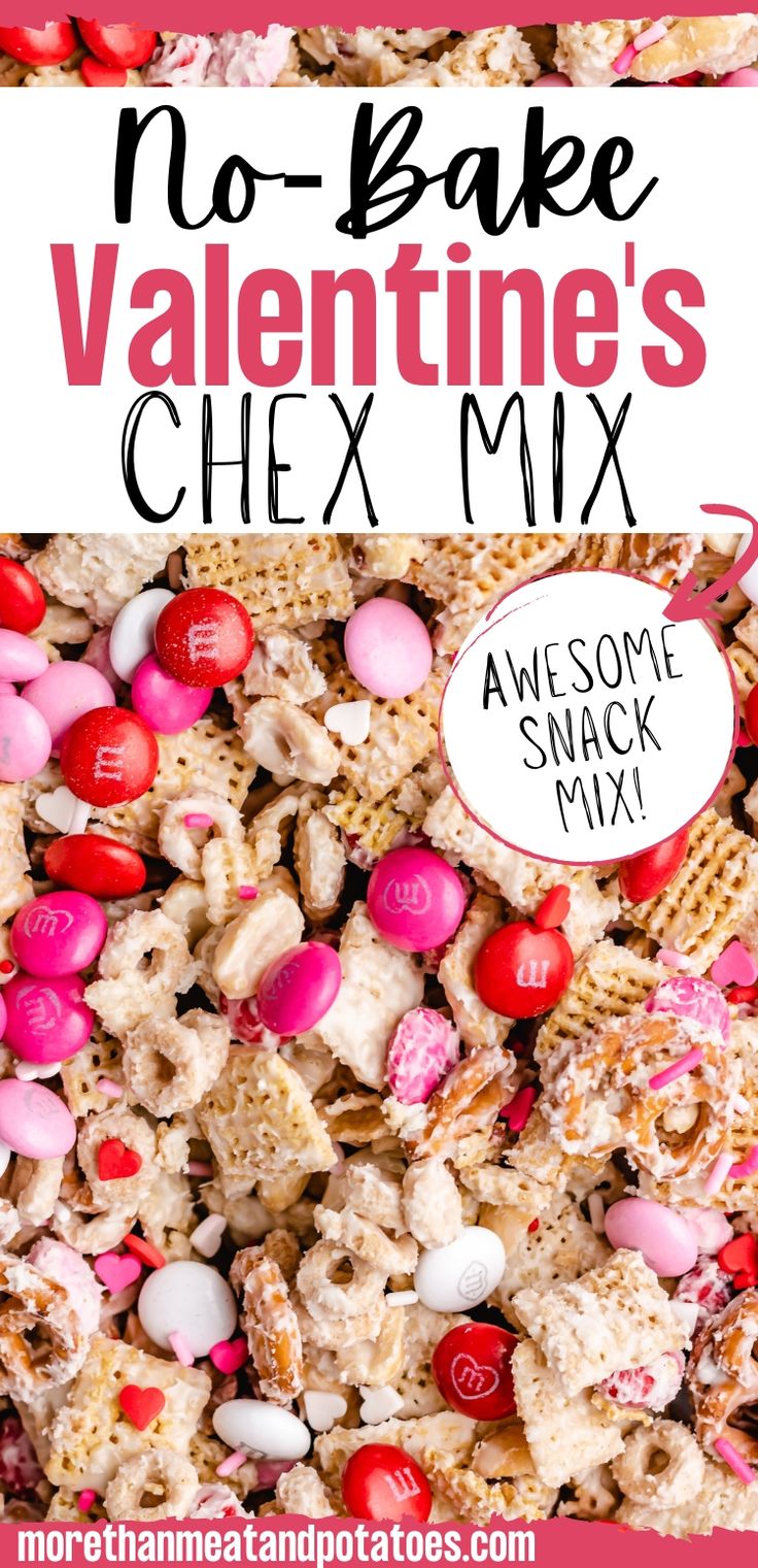 no bake valentine's chex mix with candy and marshmallows