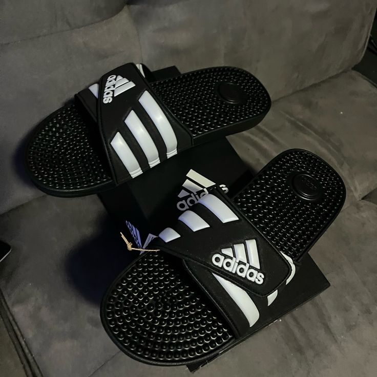 Sandals Black And White Sandals, Adidas Slides, Clogs Style, Adidas Boost, Black Slides, Adidas Adilette, Adidas Golf, Rubber Shoes, White Sandals