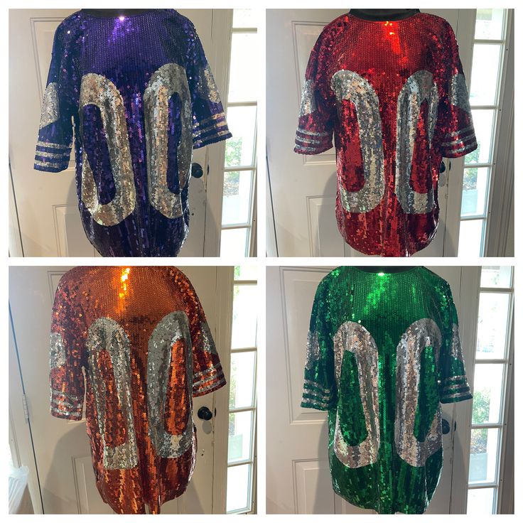 "One size fits most either regular or plus.  Sequin Jersey T-shirt/dress  fits like a T-shirt if you are tall, dress if you are short Options are Red, Green, Purple, or Orange.  Great for college or pro football games! Fully lined, sequins on front and back about 30\" long 24\" wide. (regular) NOW offering a plus size option fitting XL-3XL! (plus size) 36\" long and 28\" wide  personalization only on orders of 50 or more." Sequin Jersey, Tall Dress, Plus Size Fits, Football Games, Football Shirts, Jersey T Shirt, Fall Halloween, T Shirt Dress, Red Green