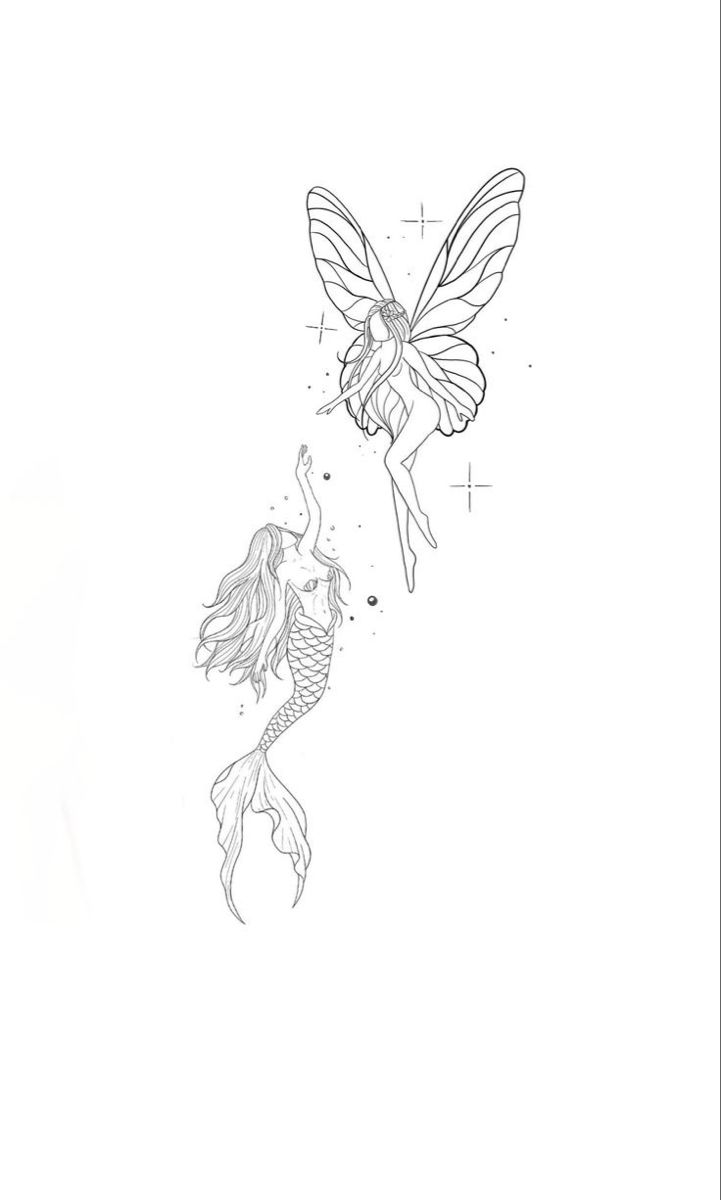 two little mermaids with wings flying in the air, one is black and white