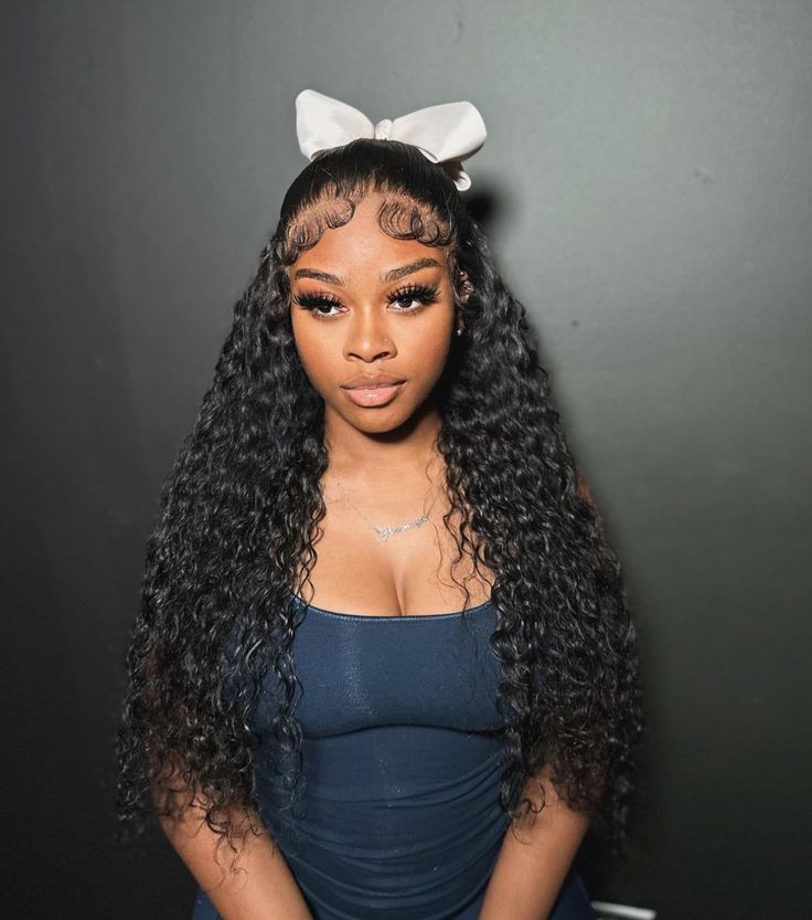 Bow Hairstyle Black Women Deep Wave, Deep Wave Wig With Bow, Deep Wave Bow Hairstyle, Deep Wave Wig Styles With Bow, Deep Wave Hairstyles For Black Women, Deep Wave Lace Front Wigs, Deep Wave Hair, Loose Deep Wave, Frontal Wig Hairstyles