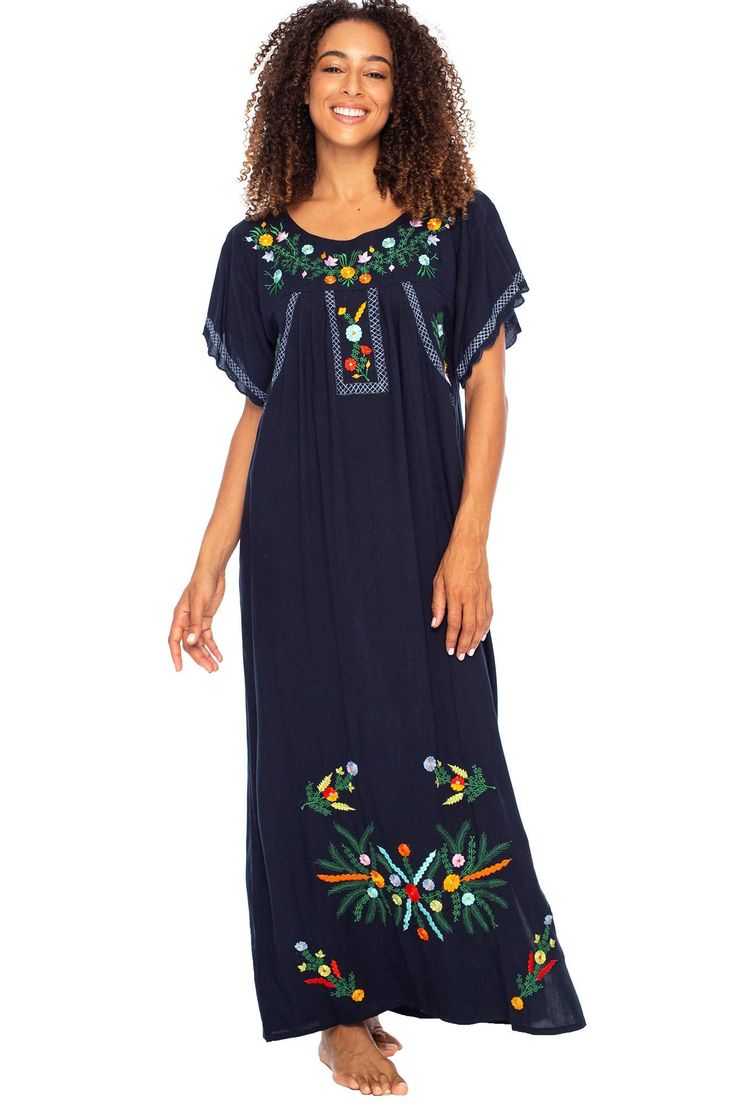 VIBRANT CUSTOM FLORAL EMBROIDERY and a loose flowy fit make this beautiful boho inspired black Mexican maxi dress the perfect long summer kaftan or beach dress COOL AND COMFORTABLE with side slits for ease of moment, the slimming A-line is design is great for everyday wear. Or dress it up for a dazzling night out. Short sleeves have feminine scalloped edges 100% RAYON. With a soft, silky feel, rayon is a natural fiber that lets skin breathe. This beach dress is moisture absorbent and dries quick Summer Kaftan, Mexican Embroidered Dress, Loungewear Dresses, Boho Floral Dress, Tie Dye Dress, Dyed Dress, Style Maxi Dress, Dress Maxi, Embroidery Dress