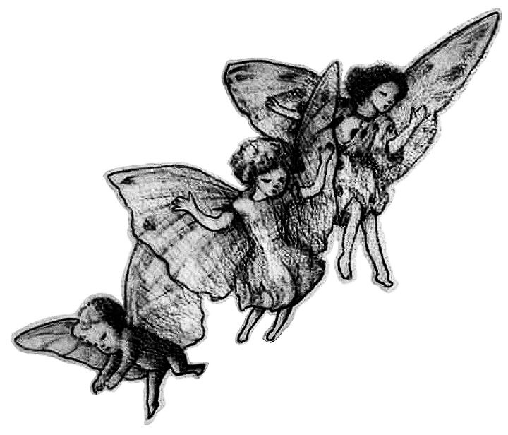 two fairy tinkerbells flying in the air with their backs turned to look like they are holding hands