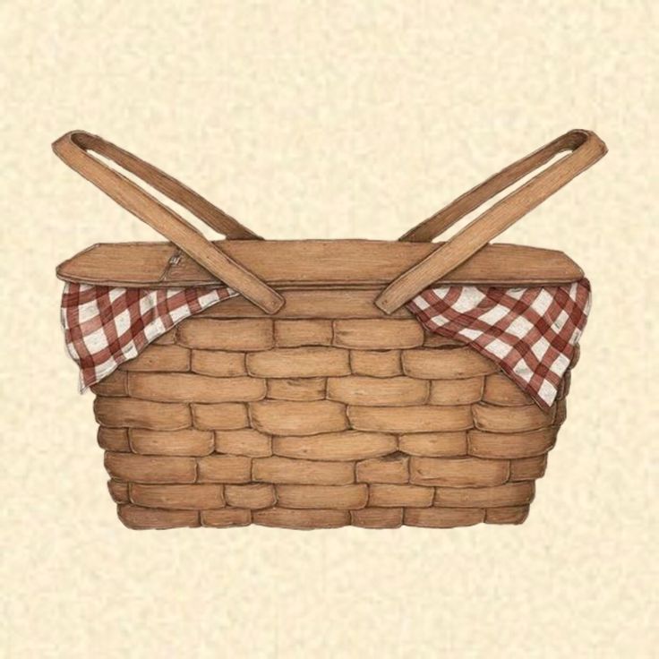 a drawing of a picnic basket with two wooden handles and a checkered table cloth