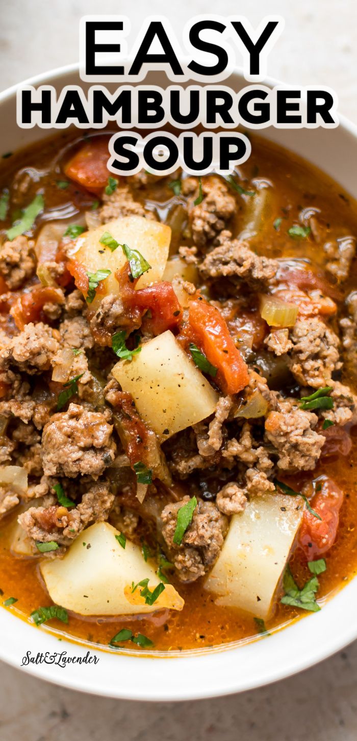 easy hamburger soup with potatoes and meat in a white bowl on top of a table