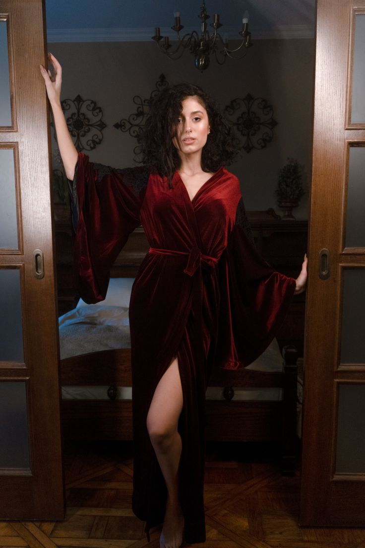 Velvet robe with silk and satin blend lining. Ankle length, wrap-over style, lace embellished sleeves, with two sets of inside ties. One tie is included. Material Composition: polyester 95%, elastane 5% Brown Kimono, Velvet Dressing Gown, Dark Blue Colour, Velvet Duster, Velvet Kimono, Kimono Robes, Silk Kimono Robe, Silk Dresses, Satin Kimono