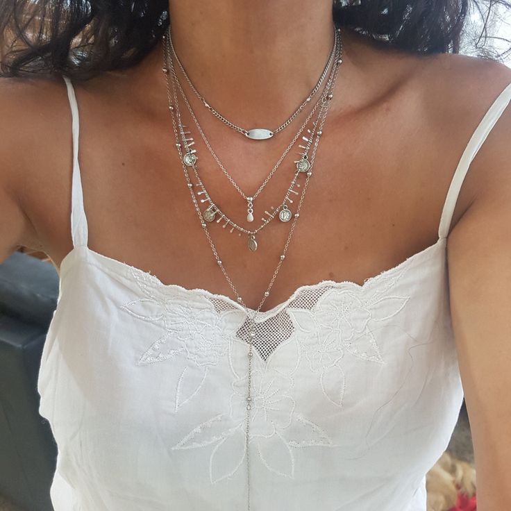 "♦ A multi-chain necklace, made of silver-plated brass in very high quality, The necklace is inspired by the boho chic designed in a chic style decorated with coins. You can engraved name on the disk. SIZE: length: 24 \"( 62cm) 27.5\" (70cm) The size refers to the bottom chain coin size : 0.38\"(1cm) YOU CAN SEE MORE LAYER CHAIN DESIGN IN THE LINK: https://etsy.me/2TKMKPv ♦ This piece of jewelry is perfect as a gift for yourself, for a wedding day, Valentine's Day, Sea, Festival or a birthday. I Silver Layer Necklace, Long Drop Necklace, Layers Long, Lariat Necklace Silver, Layer Chain, Boho Chic Design, Multi Chain Necklace, Layered Necklaces Silver, Multi Layer Necklace