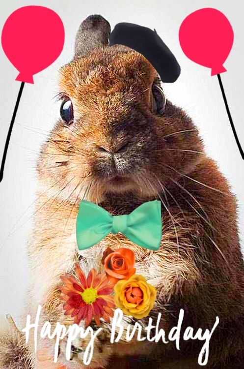 a happy birthday card with an image of a rodent wearing a hat and bow tie