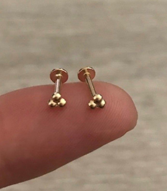 "14k Gold Internally Threaded Flat Back Disc Labret Studs * 1 piece * 14k Gold * Triangle Ball Size: 3mm * 18 Gauge * Post Length: 6x1mm (18 gauge, 1/4\") * Threaded Post with 3mm Round Flat Back" Gold Flat Piercing, Tiny 14k Gold Cartilage Earrings For Anniversary, Dainty Yellow Gold Nickel-free Cartilage Earrings, Dainty Nickel-free Yellow Gold Cartilage Earrings, Tiny 14k Gold Piercings As A Gift, Dainty Nickel-free 14k Gold Piercings, Nickel-free 14k Yellow Gold Cartilage Earrings, Tiny Dainty 14k Gold Nose Studs, Dainty Yellow Gold Tiny Nose Studs