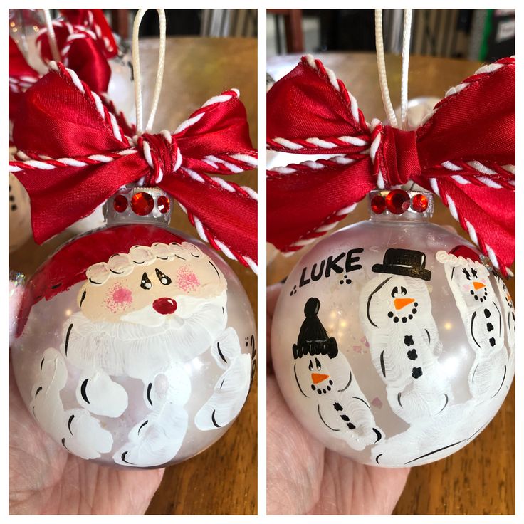 two pictures of christmas ornaments with red bows and snowmen on them, one in the shape of a santa claus ornament