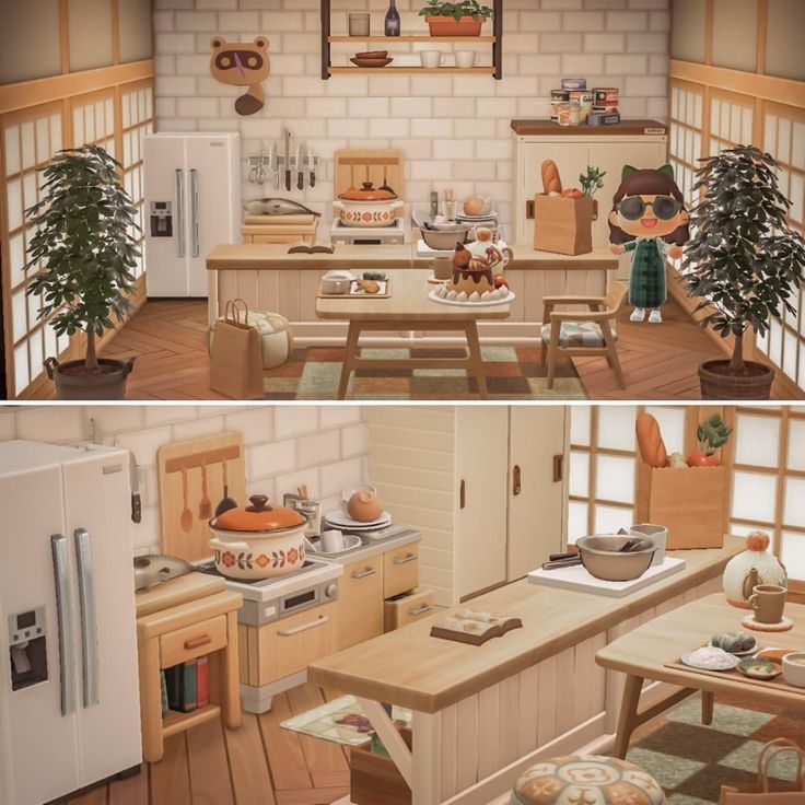 two pictures of the same kitchen and dining room