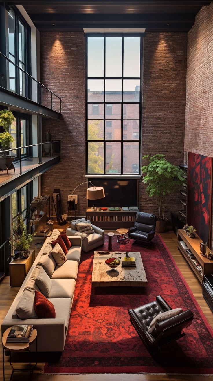 a living room filled with lots of furniture next to a tall window covered in windows