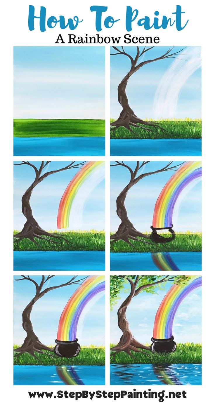 how to paint a rainbow tree with four different pictures in the same frame and text overlay