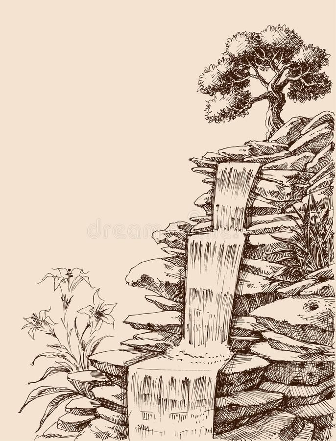 an ink drawing of a waterfall in the middle of a stone wall with a tree on top