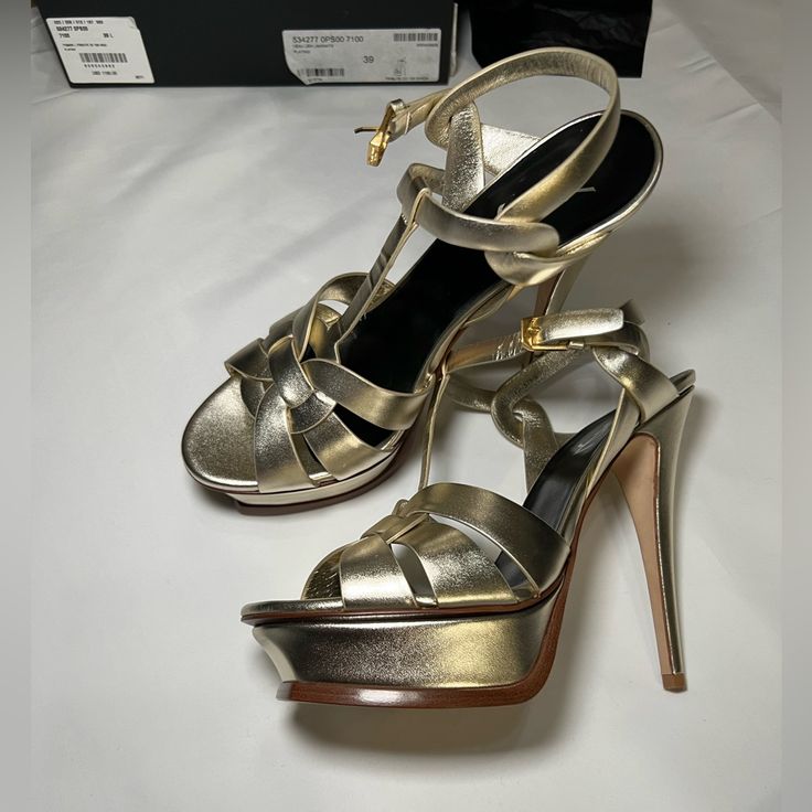 Saint Laurent Champagne Sandal Heels Brand New With Box And Dust Bag Sz 39 = Us 9 Heel 105 Platform Feel Free To Offer Luxury Gold Heels With Heel Loop, Designer Gold Sandals With Heel Strap, Luxury High Heel Sandals With Padded Heel, Luxury Sandals With Padded Heel For Cocktail, Designer Formal Sandals With Padded Heel, Luxury Heels With Padded Open Heel, Luxury Heels With Padded Heel For Cocktail, Designer Formal Sandals With 4-inch Heel, Gold High Heel Sandals For Galas