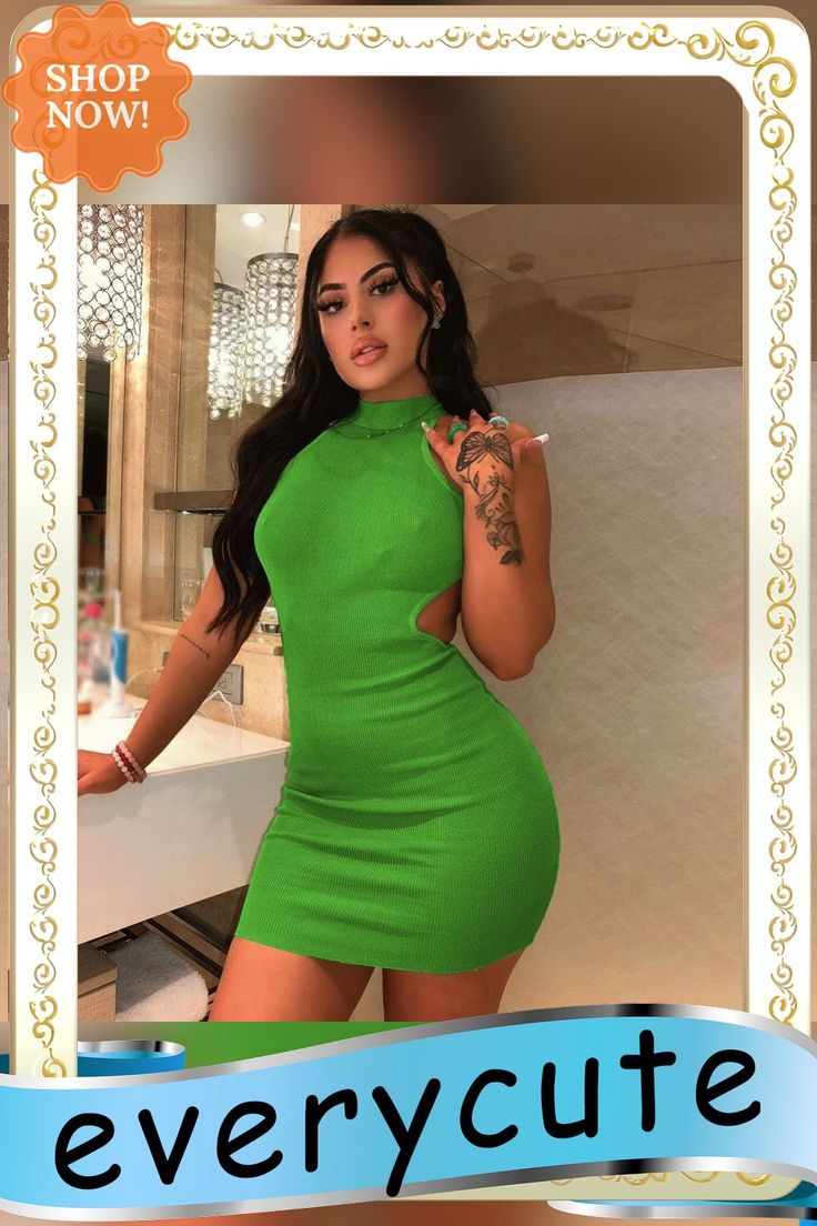 Women's New High Collar Party Dress Hollow Out Chest Wrapped Open Back Middle Waist Hip Sexy Dress Vestido Feminino Stretch Hollow Out Mini Dress For Party, Stretch Mini Dress With Hollow Out For Party, Green Mini Length Bodycon Dress For Party, Green Mini Bodycon Dress For Party, Fitted Hollow Out Dresses For Party Season, Fitted Mini Dress With Hollow Out Details, Green Mini Bodycon Party Dress, Hollow Out Mini Party Dress, Fitted Green Mini Dress Flirty Style