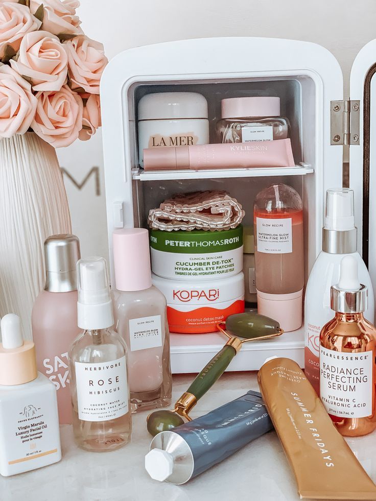 Skin Fridge | Pink skin fridge | Skin care essentials | skin fridge essentials | Skin care products | Blondie in the City by Hayley Larue.  #niod#niodflavanonemudmask#flavanonemud #mudmask#flavanonemudmask #niodskincare#deceim #nioddeceim #niodmudmask Skin Fridge, Fridge Essentials, Skincare Fridge, Skin Care Routine For 20s, Pink Skin, Makeup Tricks, Mac Miller, Hair And Beauty, Healthy Skin Care