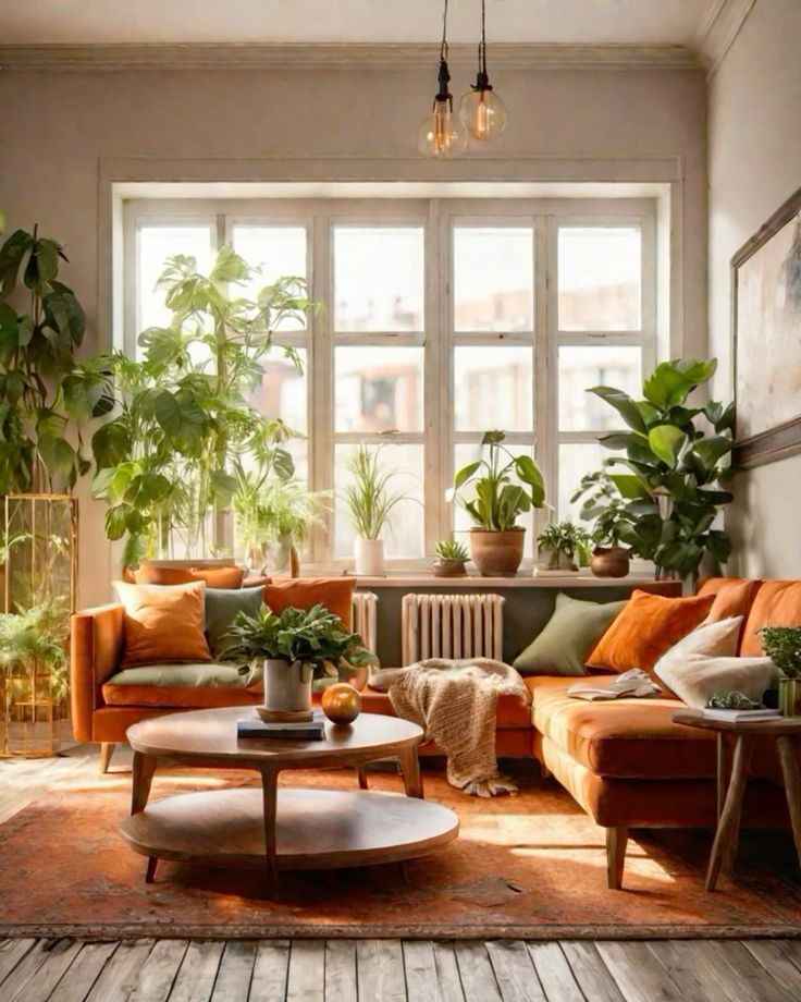 a living room filled with furniture and lots of plants on the windows sills