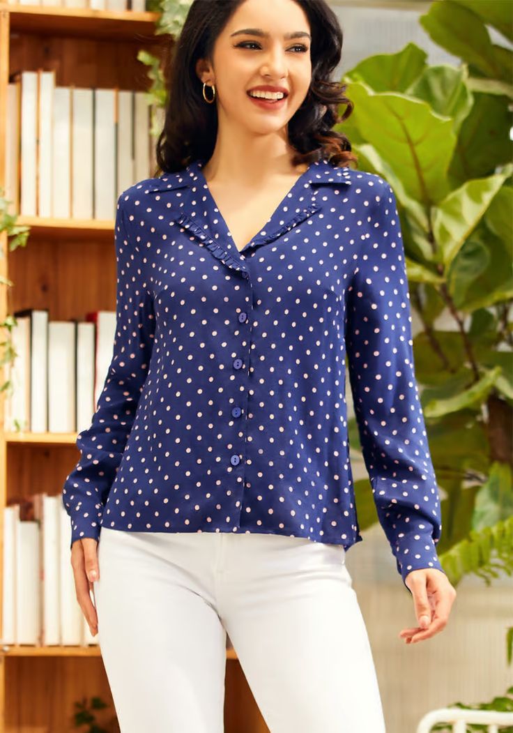 On Ruffle Mode Camp Collar Shirt | ModCloth Casual Navy Button-up Blouse, Navy Long Sleeve Top For Work, Navy Long Sleeve Summer Top, Casual Navy Blouse For Fall, Navy Casual Blouse For Fall, Navy Elegant Long Sleeve Tops, Elegant Long Sleeve Navy Tops, Elegant Navy Long Sleeve Tops, Navy Button-up Summer Blouse