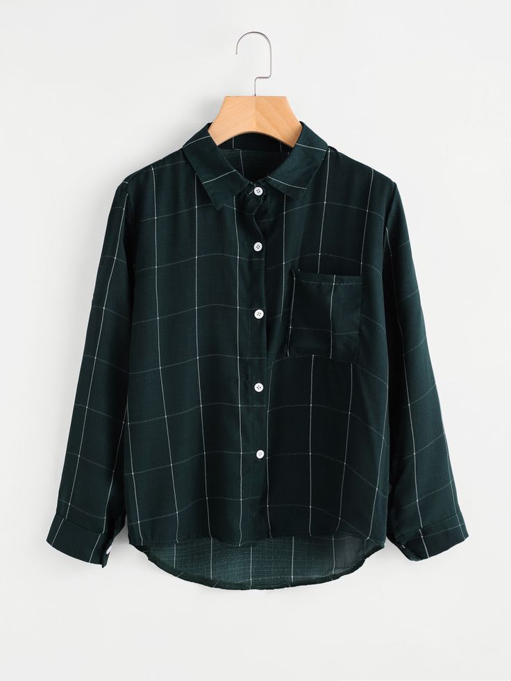 Checked Dip Hem Shirt With Chest Pocket -SheIn(Sheinside) Dip Hem Shirts, Dark Green Shirt, Casual Plaid Shirt, Green Shirts, Green And Gray, Boho Chic Outfits, Plaid Blouse, Shirts Women, Green Shirt