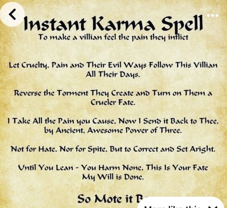 an old parchment paper with some writing on it and the words instant karma spell written in black