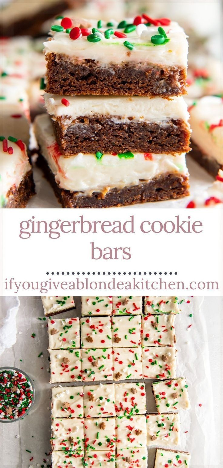 gingerbread cookie bars with white chocolate frosting and sprinkles on top