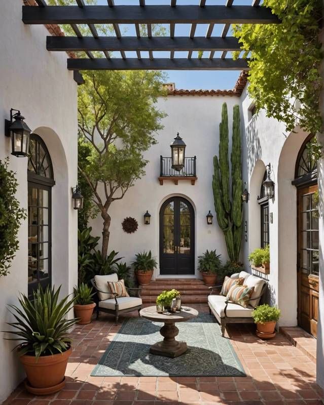 an outdoor living area with couches and potted plants on either side of the patio