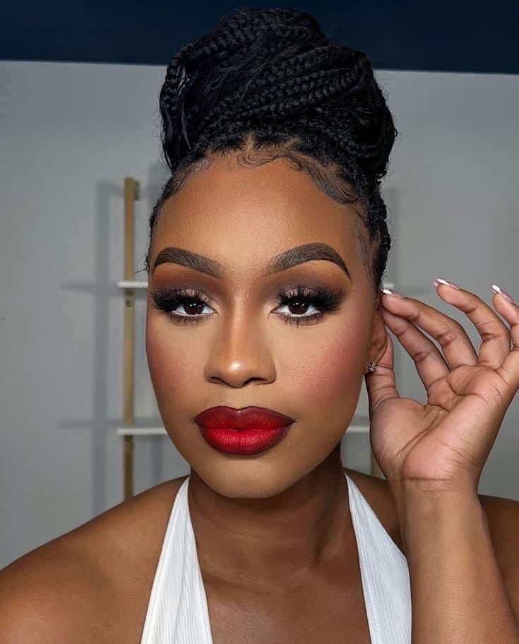 Bride Red Lipstick Bridal Makeup, Red Lip Makeup Look Black Women, Red Lipstick Black Women, Red Lipstick Makeup Black Women, Black Bridal Makeup, Red Lipstick Makeup Looks, Red Makeup Looks, Red Lips Makeup Look, Maquillage On Fleek