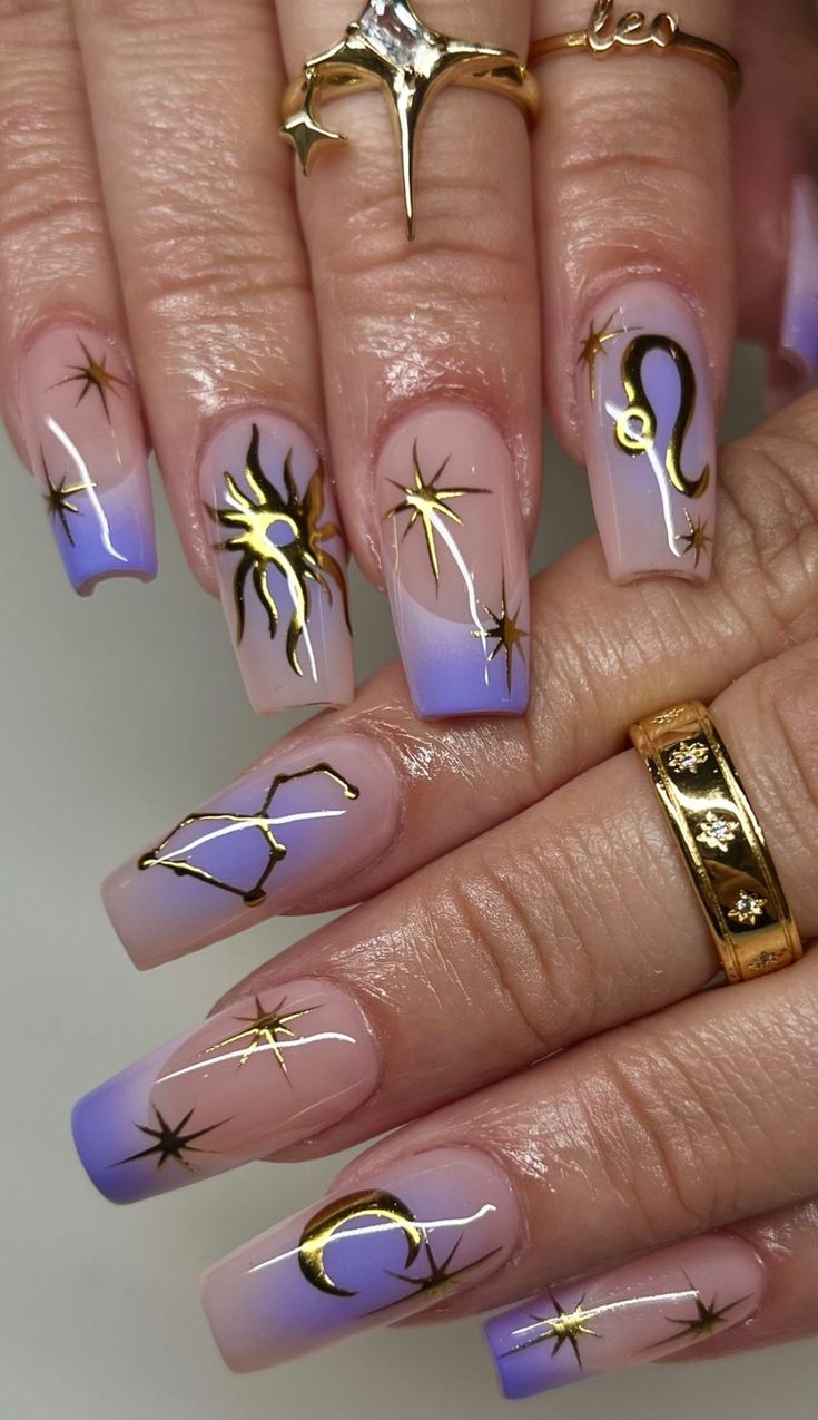 Leo Constellation Nails, Astrology Nail Designs, Fire Sign Nails, Leo Zodiac Nail Designs, Sagittarius Nails Acrylic, Leo Nails Zodiac, Sagittarius Nails Designs, Summer Nails Almond Shape, Maximalist Nails