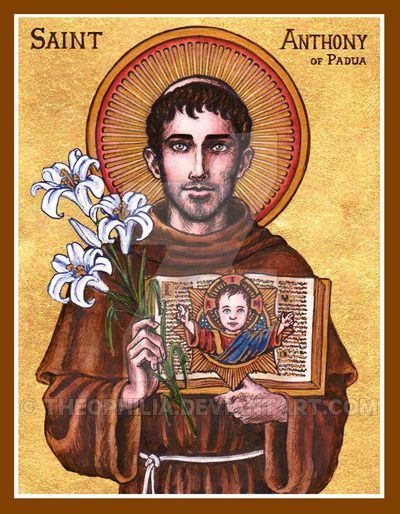 an icon of saint anthony with flowers in his hand and the image of st anthony