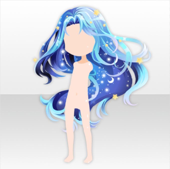 an anime character with long blue hair and stars on her head, standing in front of a white background