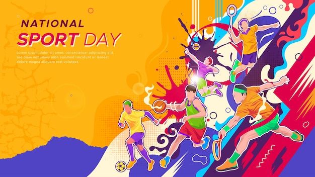 the national sport day poster with colorful people running and splashing paint on an orange background