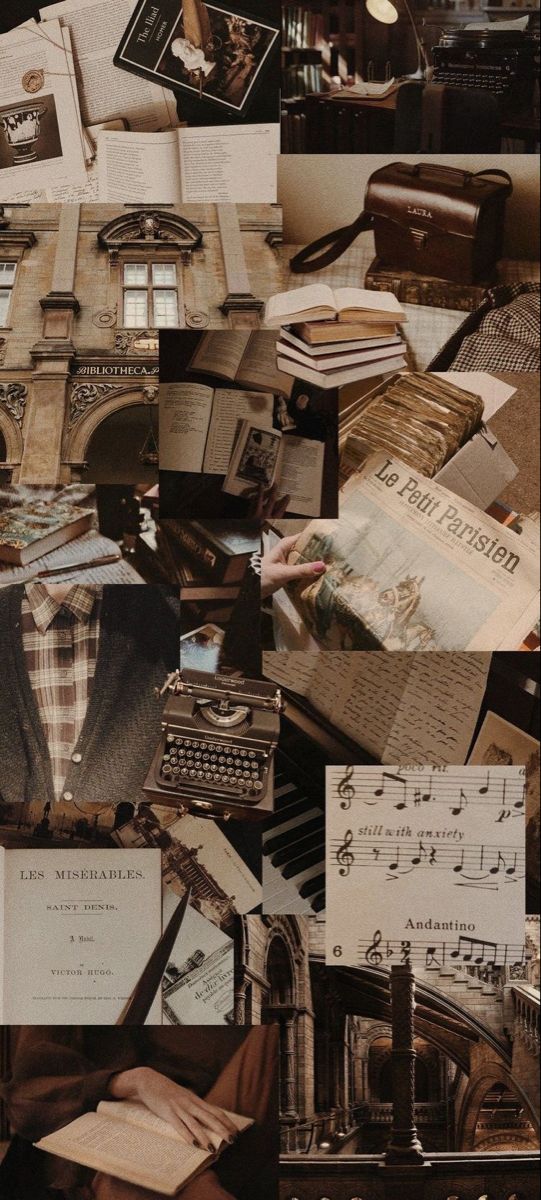 a collage of old books, papers and other items are arranged in the shape of a collage